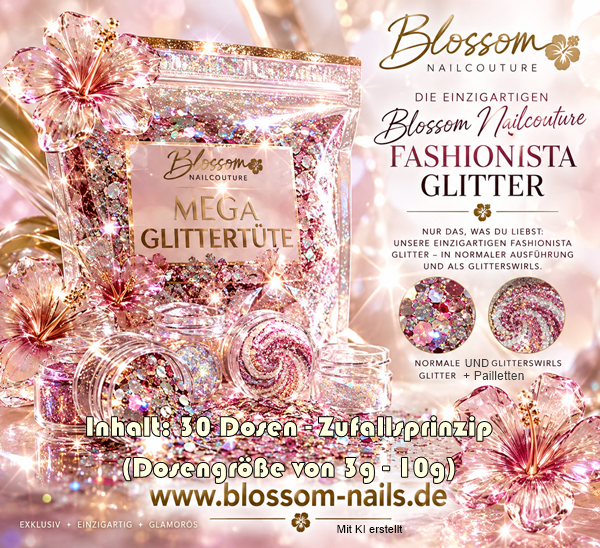 Mega Glittertüte mit Fashionista Glittern und Pailletten - 30 Dosen (3g - 10g Zufallsprinzip)
